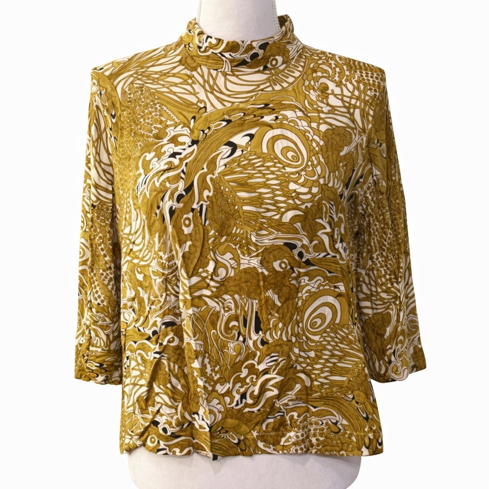 H&M Gold Ochre & Black Balinese Boho Botanical Print Top 8 Vintage Vibe